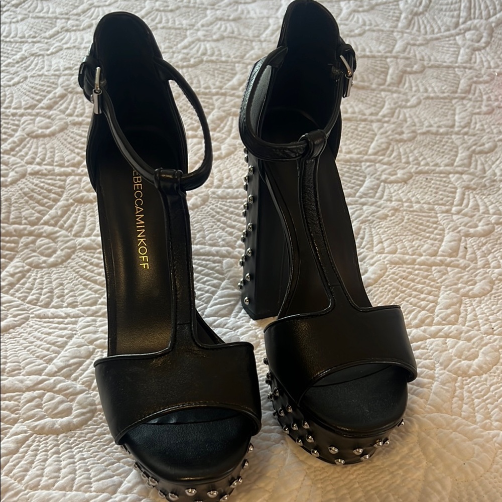 Rebecca Minkoff Black Leather Studded Platform T-Strap Sandals Heels